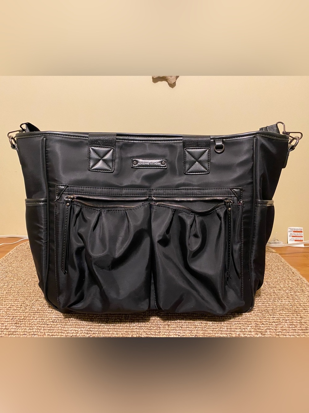 Adrienne Vittadini Black Nylon Travel Laptop Tote with Dual Front Pockets